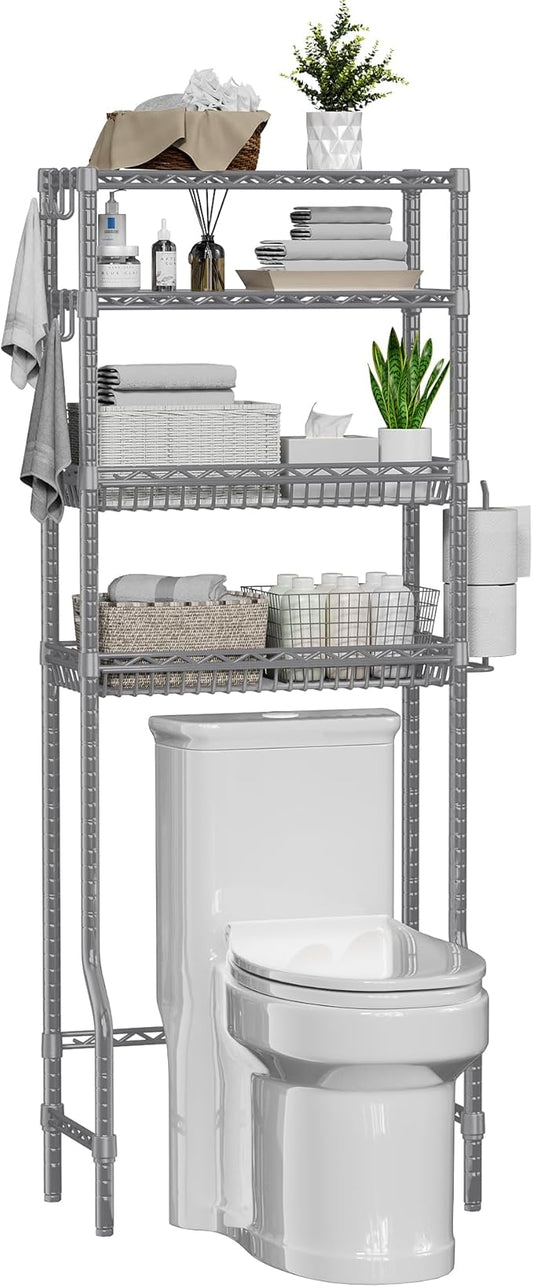 Bathroom Shelves Organizer, 4 Tier Over The Toilet Storage with Adjustable Basket and 6 Hooks, Metal Over Toilet Storage Rack for Bathroom, Fit Most Toilets, Easy to Assemble, Grey
