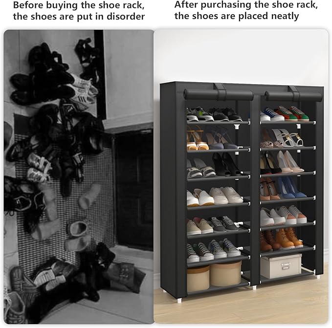JIUYOTREE 7-Tier Shoe Storage Organizer with Dustproof Cover - Closet Cabinet Shelf Holds up to 28 Pairs - for Doorway, Corridor, Balcony, Living Room - Black-NeatNest