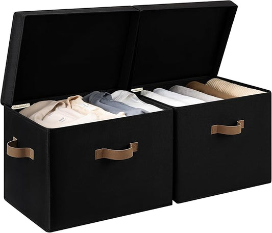 StorageWorks Fabric Storage Bins with Lid, Decorative Storage Boxes for Shelves, Stackable Closet Organizer Basket with Handles, Jumbo, Black, 2-Pack-NeatNest