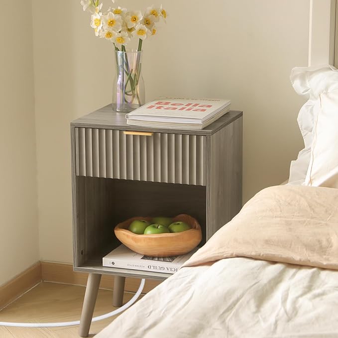 Grey Wood Nightstand with Charging Station, Modern Bedside Table with Fluted Drawers and Storage Shelf, End Side Tables Living Room for Bedroom, Office (Grey)