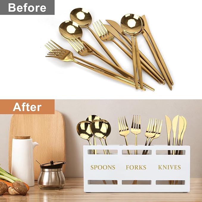 Ayiaren Wood Flatware Silverware Caddy White Cutlery Holder Kitchen Utensils Holder for Party Wooden Silverware Organizer for Countertop Knife Spoon and Fork Holder Table Utensil Caddy Organizer-NeatNest