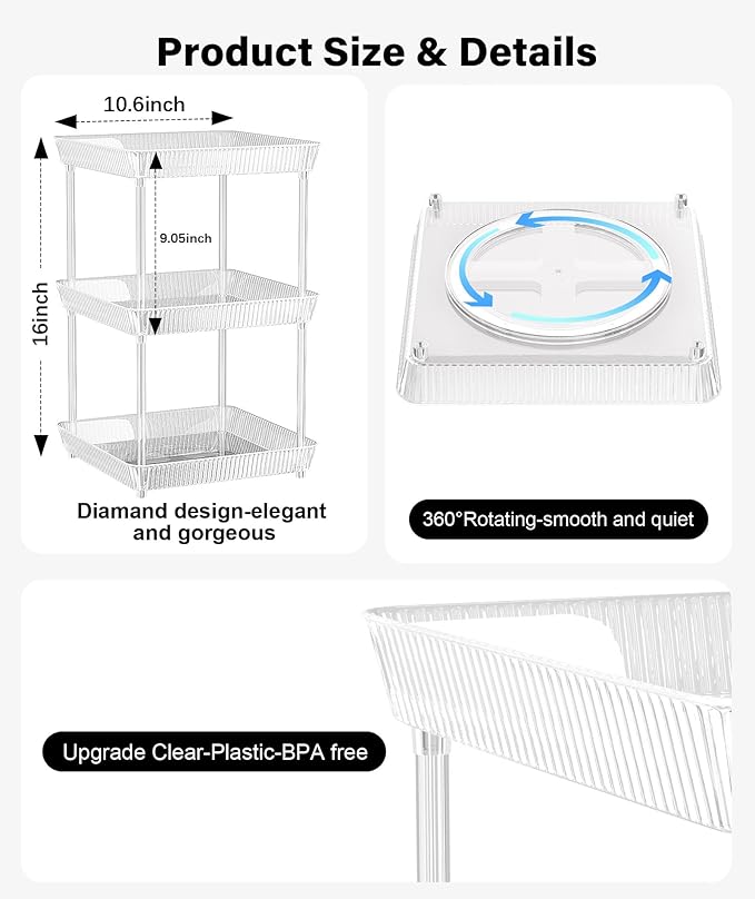 3 Tier Lazy Susan Bathroom Countertop Organizer, 360° Clear Rotating Square Storage Tray, Cosmetics and Perfume Organizer, Spinning Storage Tray Vanity Organizer Shelf for Bathroom Cabinet, Kitchen-NeatNest