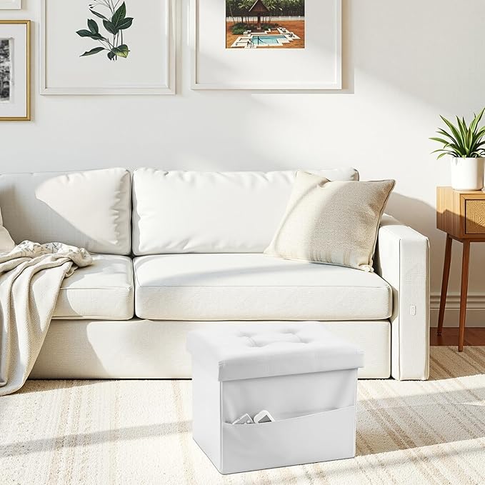 AmasSmile Storage Ottoman Folding Foot Rest Stool with Side Pocket, 17 inch Leather Footstool Bench, Short Ottoman Bench, Storage Foot Rest Store, Blanket Chest, White-NeatNest