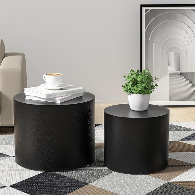KEVINSPACE Coffee Table Nesting Tables Set of 2, Small Modern Round Coffee Table with Non-Slip Feet, Wooden Circle Accent Tables for Small Spaces Living Room Bedroom Balcony Drum Side Table Black