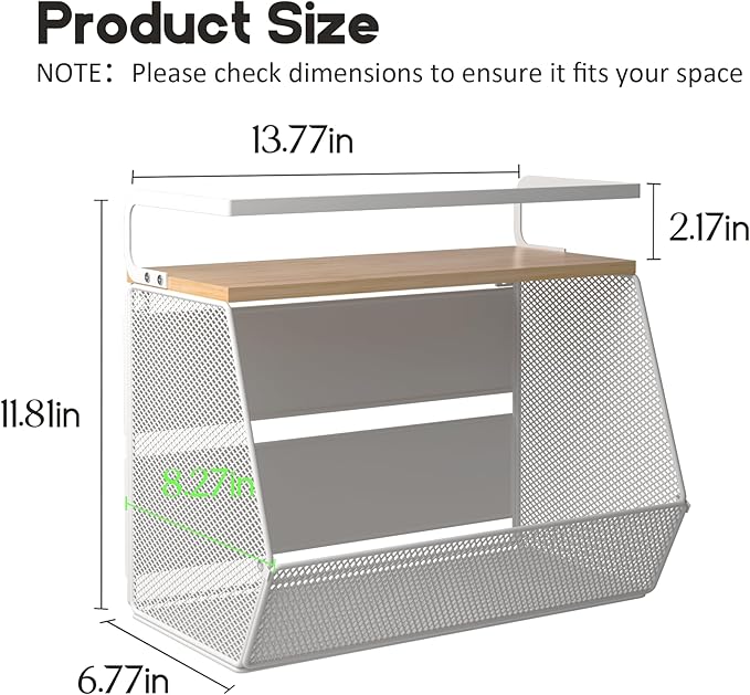 1 Pack Magnetic Shelf for Fridge with Wood Lid, Mesh Magnetic Storage Basket for Refrigerator, Organizer Rack for Fruit, Onion, Potato, Kitchen Counter or Laundry (White, M)