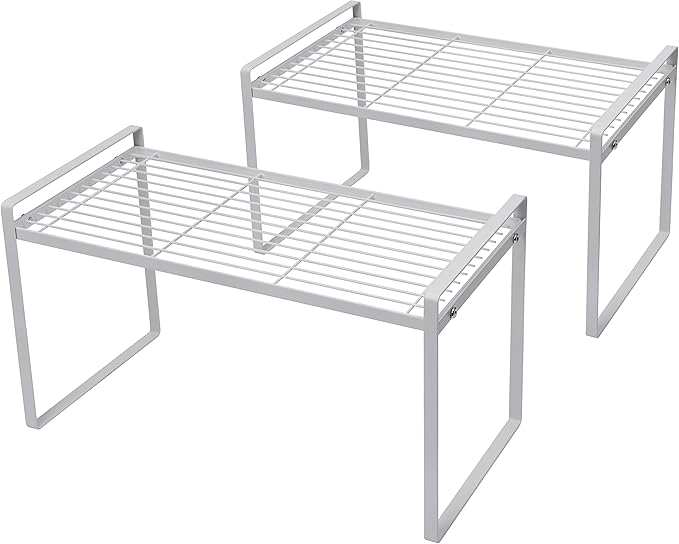 2Pack Cabinet Shelf Organizer Storage Rack Space Saving for Kitchen Counter Pantry Bathroom Cupboard Under Sink Office Table Steel Stackable Rust Resistant Heavy Duty Nonslip 16” White - Tall-NeatNest