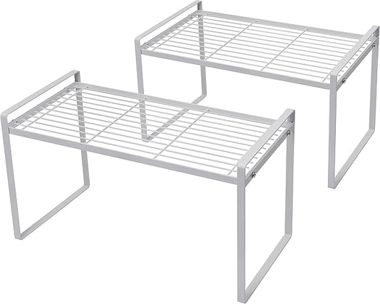 2Pack Cabinet Shelf Organizer Storage Rack Space Saving for Kitchen Counter Pantry Bathroom Cupboard Under Sink Office Table Steel Stackable Rust Resistant Heavy Duty Nonslip 16” White - Tall-NeatNest