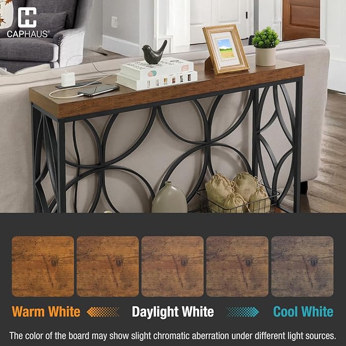 CAPHAUS 41” 2-Tier Industrial Sofa Console Thick Table w/Storage & Charging Station, Entrance Tableau w/ 2 Outlets, USB & Type-C Ports for Entryway, Living Room, Hallway, Foyer, Rustic, Butterfly-NeatNest
