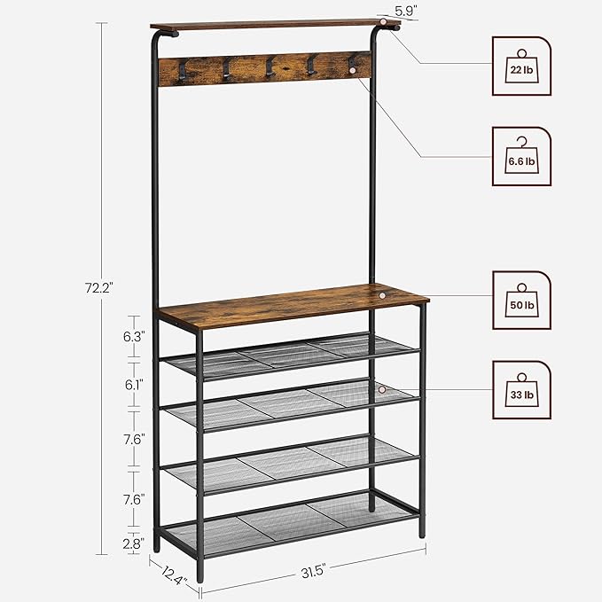 VASAGLE Hall Tree with Shoe Bench, Coat Rack Shoe Bench, 5-Tier Shoe Rack Different Heights, 5 Dual Hooks, Top Shelf, Entryway Organizer, Hallway Bedroom Dorm, Rustic Brown and Black UHSR408B01-NeatNest