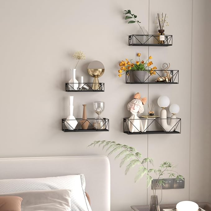 CRUGLA Black Floating Shelves Wall Mounted Set of 5, Hanging Storage Wall Shelf for Bathroom, Bedroom, Living Room, Kitchen-NeatNest