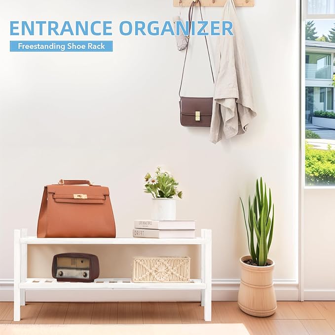 2 Tier Bamboo Shoe Rack Storage Organizer for Closet, Multifunctional Stackable Free Standing Shoe Shelf Organizer for Small Space,Entryway, Hallway, Bathroom27 x11 x13 (White, 2 Tier)-NeatNest