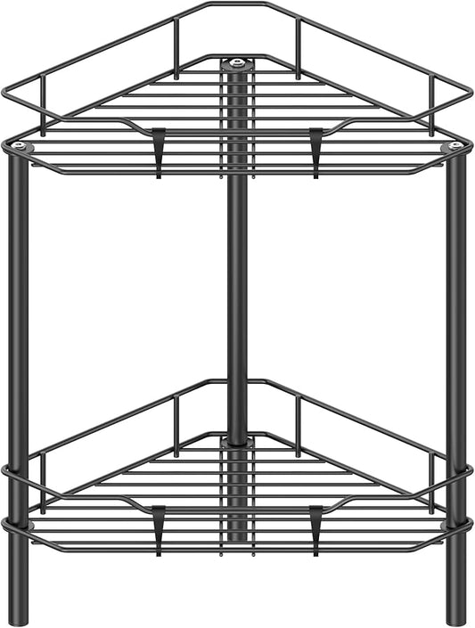 2 Tier Floor Standing Corner Shower Caddy Organizer Shelf with Hooks, Bathroom Shelves Stand Rack, Black