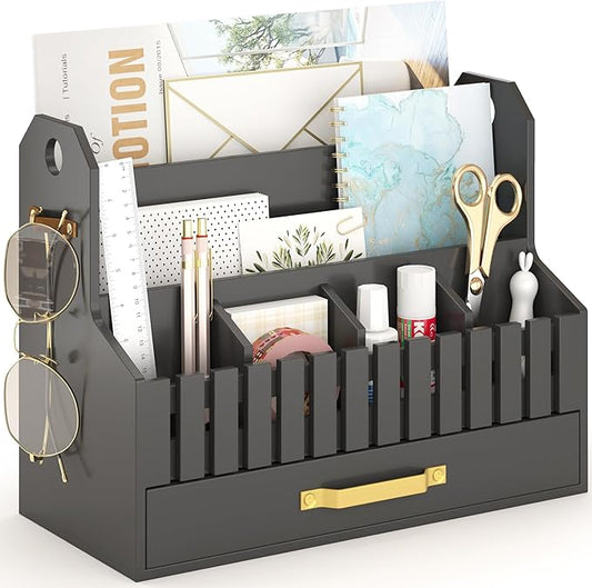 Bamboo Mail Organizer Countertop with Drawers, Wood Desk File Organizer Desktop Paper Organization Storage Bill & Letter Sorter Holder for School Home Office Supplies, No Assembly Required (Black)-NeatNest