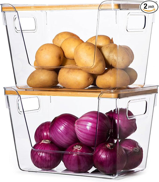 2 set Pantry Organizers and Storage,Stackable Onion Storage Potato Storage,Kitchen Laundry Organizers with Bamboo Top for Vegetable,Fruits, Snacks,Produce Clear