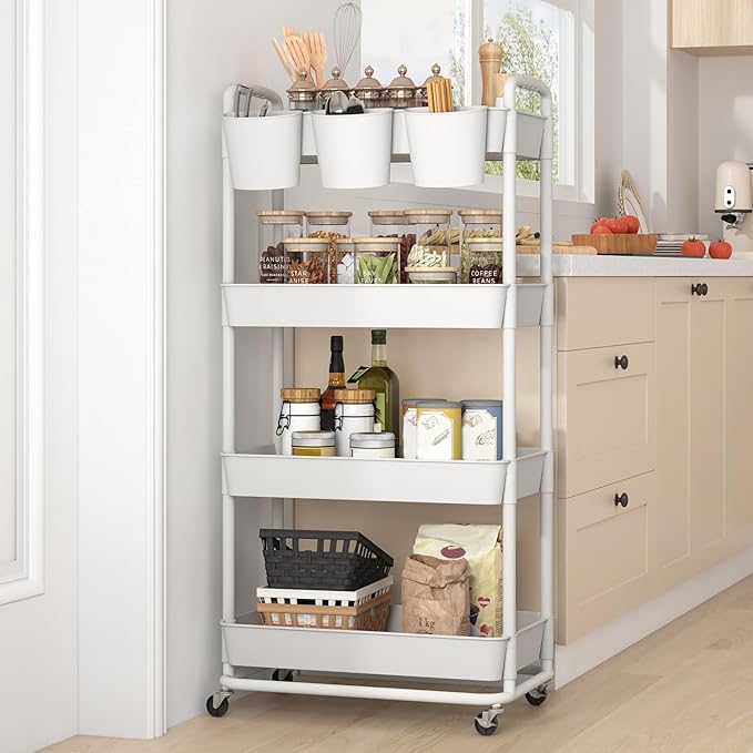 JIUYOTREE 4-Tier Plastic Rolling Storage Cart Utility Cart with Extra Hanging Cups Handles Lockable Wheels for Living Room Bathroom Kitchen Office White-NeatNest