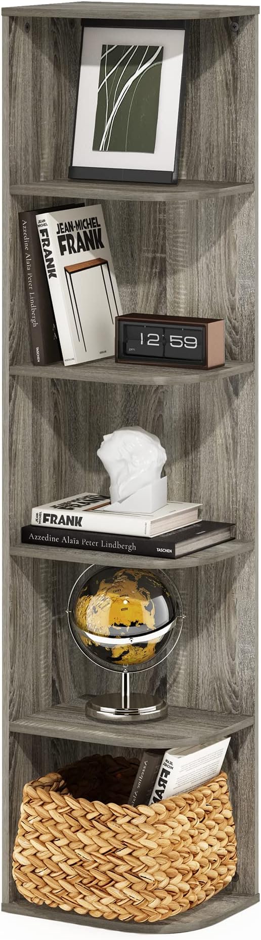 Furinno Pasir 5-Tier Corner Open Shelf Bookcase, French Oak-NeatNest
