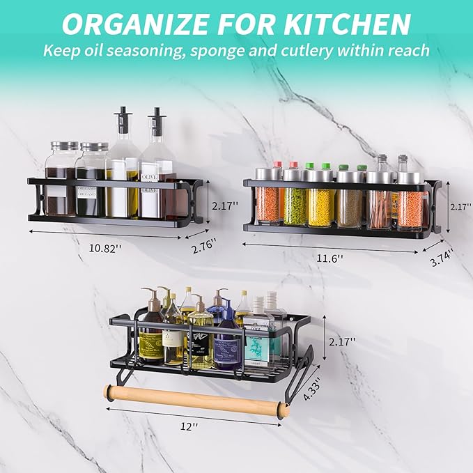 3 Pack Spice Rack Wall Mount With Paper Towel Holder and Hooks,Space-Saving Spice Organizer for Spice Jars and Seasonings, Hanging Spice Rack Organizer Kitchen for Cabinet, Pantry,Black-NeatNest