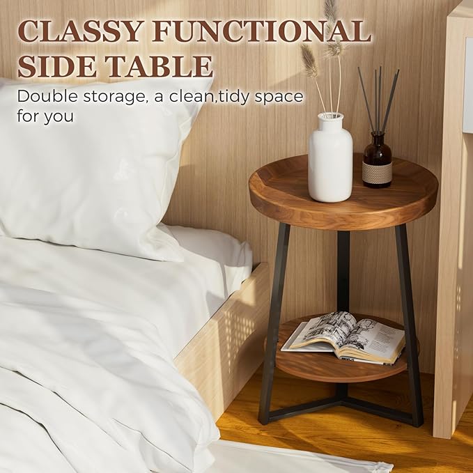 Gadroad Round End Table with Storage Shelf, 2 Tier Farmhouse Side Table Nightstand for Living Room, Bedroom, Wood Tabletop & Black Metal Frame, Brown 15.7 * 15.7 * 23.0inches