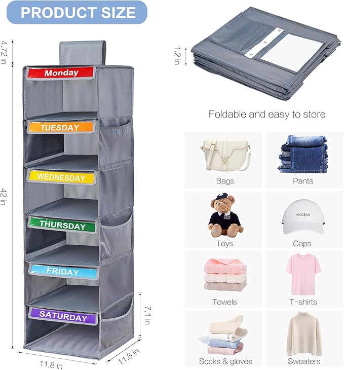 6-Shelf Weekly Closet Hanging Organizer for Kids, 6-Grid Days of the Week Baby Kids Clothing Organizer Monday through Saturday, Foldable Oxford Cloth Closet Clothes Weekday Storage (Gray)-NeatNest