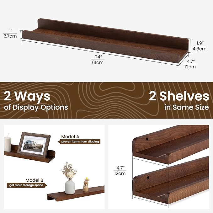 Floating Shelves for Wall | Picture Ledge Shelf Set of 2 | 24 Inch Solid Ash Wood Floating Shelves with Lip | Dark Wood Picture Shelf for Wall with Ledge | Photo Ledge Shelves-NeatNest