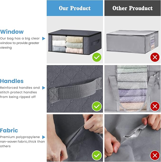 HomeHacks Storage 8-Pack Clothes Organizer Storage Bags Foldable Storage Box with Large Clear Window Sturdy Handles for Closet, Dorm, Pillows, Bedding, Clothes, Blankets, 35L, Grey-NeatNest