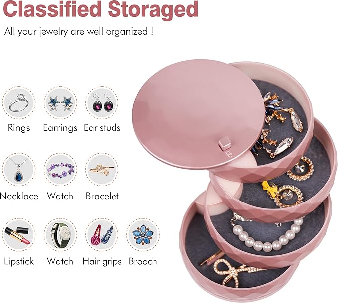 CONBOLA Travel Jewelry Case Box, Small Jewelry Organizer Earring Holder for Women, 5-Layer Rotating Jewelry Storage Tray with Lid for Bracelets Rings Bracelets-NeatNest