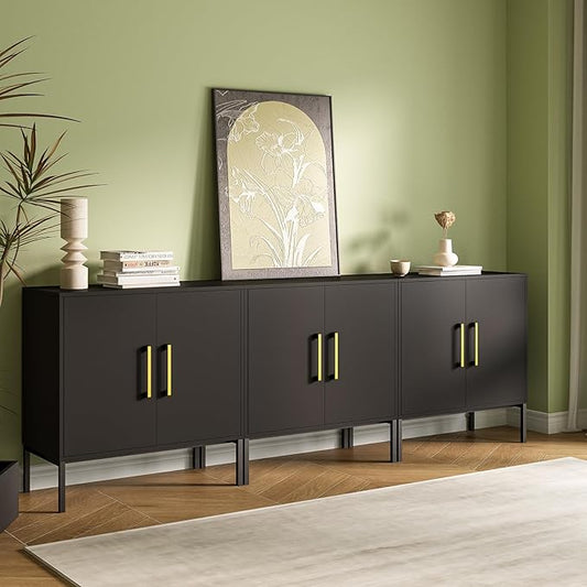 JOZZBY Set of 3 Storage Cabinet, Sideboard Buffet Storage, Modern Living Room Cabinet, Black Side Cabinets for Bedroom, Kitchen, and Hallway