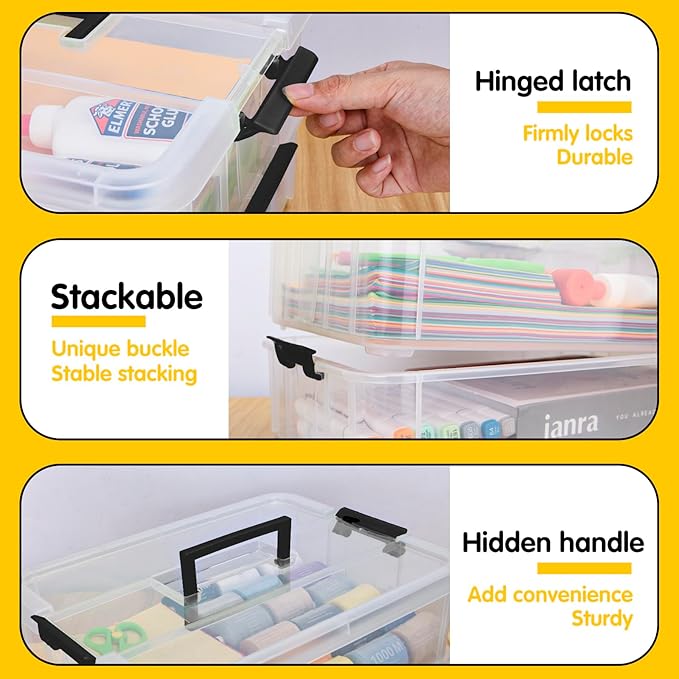 2 Layer Plastic Storage Containers with Lids, Multipurpose Clear Stack & Carry Box, Portable Craft Organizers and Storage Bin for Organizing Art & Craft, Sewing, Makeup, Nail Supplies (Black)