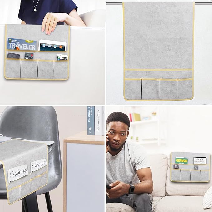 HAOMAIJIA Anti Slip Sofa Armrest Organizer Arm Chair Bedside Caddy Storage Organizer For Recliner Couch With 6 Pockets For Cell Phone Tv Remote Control Magazines (light grey)-NeatNest