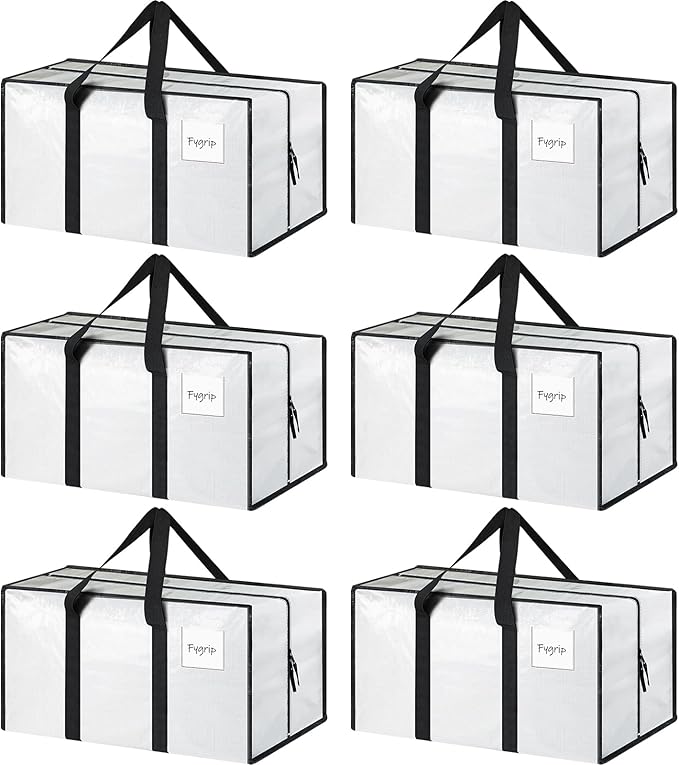6 Pack Extra Heavy Duty Large Moving Bags with Strong Zipper & Comfortable Handles, Sturdy & Durable Clothes Storage Bags Totes Bins, Packing Moving Boxes for College Supplies, White-NeatNest