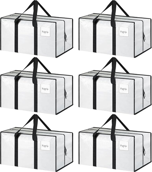 6 Pack Extra Heavy Duty Large Moving Bags with Strong Zipper & Comfortable Handles, Sturdy & Durable Clothes Storage Bags Totes Bins, Packing Moving Boxes for College Supplies, White-NeatNest