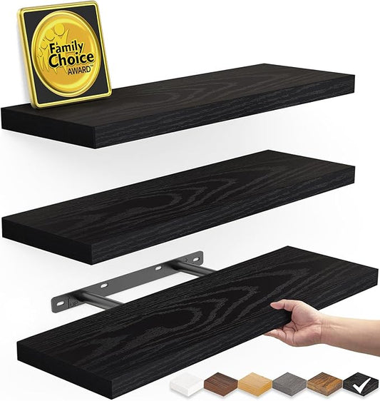 BAYKA Floating Shelves for Wall, Wall Mounted Rustic Wood Shelves for Bathroom, Bedroom, Living Room, Kitchen, Hanging Shelf for Books/Storage/Room Decor with 22lbs Capacity (Black, Set of 3, 15.7in)-NeatNest