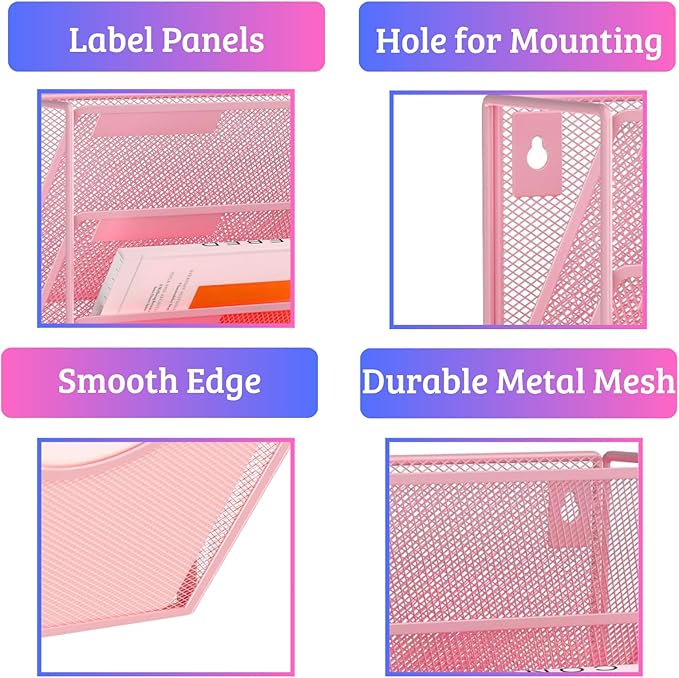 3 Pocket Wall File Holder Organizer, Mesh Hanging Wall Mounted Document Paper Folder Filing Magazine Rack with Nametag Label for Office Home School, 3 Tier Pink