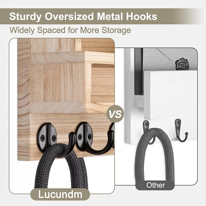 Key and Mail Holder Wall Mount, Key Hanger with Long Storage Box and 5 Hooks for Coat, Dog Leash, Home Decor Rack, House Accessories, Entry Way Organizer 11.8”W x 7.8”H x 3.2”D