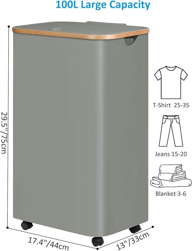efluky Laundry Basket with Wheels, Tall Rolling Laundry Hamper with Lid and Removable Bag, Aesthetic Dirty Clothes Hamper on Wheels for Laundry Room, Bedroom, Dorm and Bathroom, 100L Grey-NeatNest