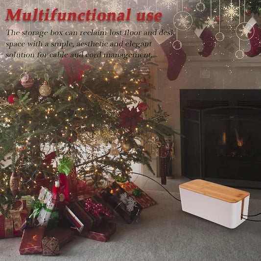 Cable Management Organizer Box, 2 Pack Large Storage Bamboo Lid Wires Concealer Holder for Office Desk, Home, Kitchen, TV, Computer, Cover Hide Tidy Surge Protector Power Strips & Cords (White)-NeatNest