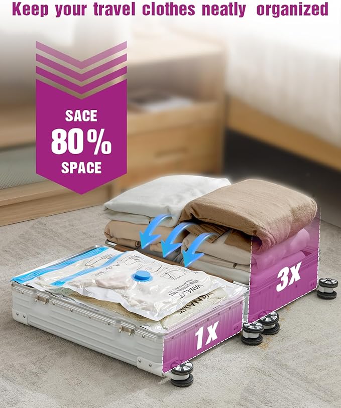 Vacuum Storage Bags for Travel, 24 Pack (6L+6M+6S+6XS) Vacuum Seal Bags with Wireless Rechargeable Electric Pump, Travel Essentials Space Saving Bag for Clothes, Luggage, Carry-on Suitcase, Backpack-NeatNest