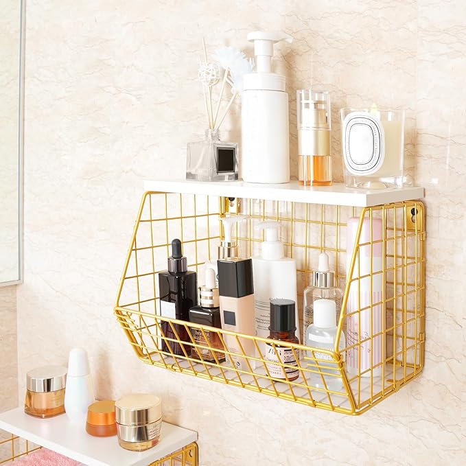 Gold Wire Basket for Organizing, Onion Storage, Hanging Wall Mount Fruit and Vegetable Storage for Pantry Organization, Sturdy Wire Metal Fruit Basket with Lid for Kitchen Laundry Countertop
