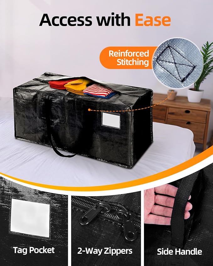 6 Pack Extra Large Moving Bags, Heavy Duty Packing Bags with Zippers and Handles for Space Saving, Clothes Storage, College Essentials, Travel, Black