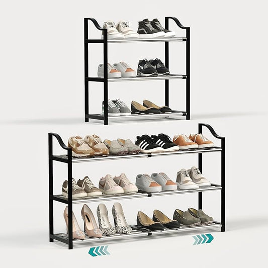 3-Tier Shoe Rack Expandable Shoe Rack for Closet Small Shoe Storage Rack for Entryway Adjustable Shoe Shelf for Small Space, Metal Shoe Organizer for Garage, Front Door Entrance