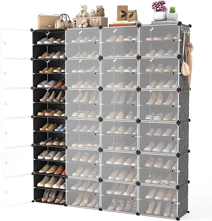 Portable Shoe Rack Organizer with Door, 96 Pairs Shoe Storage Cabinet Easy Assembly, Plastic Adjustable Shoe Storage Organizer Stackable Detachable Free Standing DIY Expandable 12 Tier Black-NeatNest