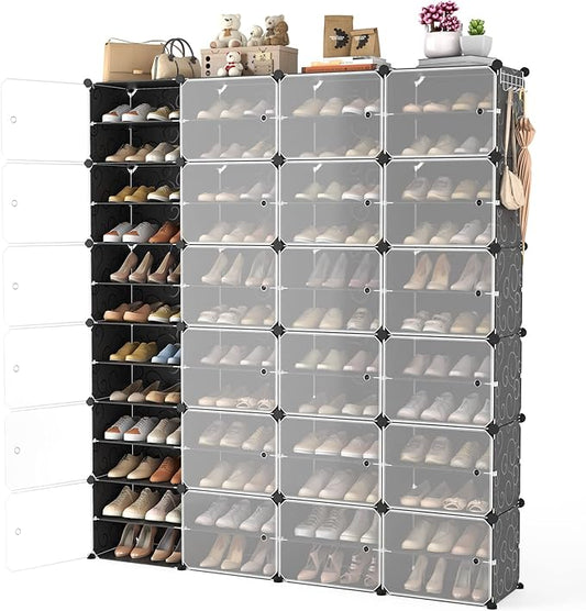 Portable Shoe Rack Organizer with Door, 96 Pairs Shoe Storage Cabinet Easy Assembly, Plastic Adjustable Shoe Storage Organizer Stackable Detachable Free Standing DIY Expandable 12 Tier Black-NeatNest