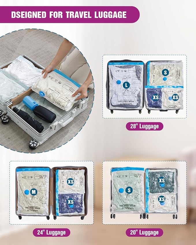 Vacuum Storage Bags for Travel, 24 Pack (6L+6M+6S+6XS) Vacuum Seal Bags with Wireless Rechargeable Electric Pump, Travel Essentials Space Saving Bag for Clothes, Luggage, Carry-on Suitcase, Backpack-NeatNest
