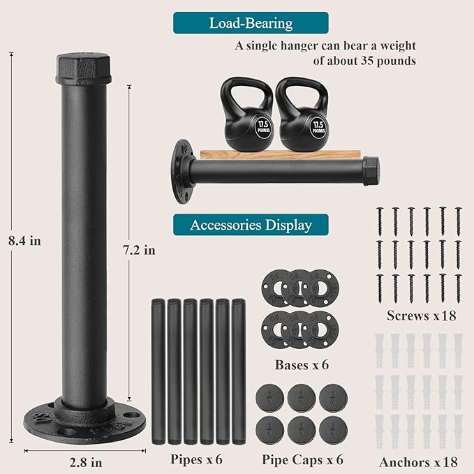 Cast Iron Wall Mounted Clothes Rack, Heavy Duty Industrial Pipe Clothing Rack for Hanging Clothes, Garment Racks for Wardrobe Organizers and Storage, DIY Closet Rods Closet Bar (Black 6 Pack, 8 in)-NeatNest