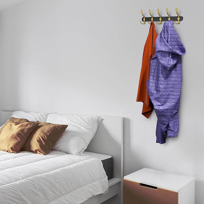 Coat Rack Wall Mount with 5 Tri Hooks, Stainless Steel 16 Inch – Black & Gold Matte Finish, Heavy Duty Wall Mounted Hook Rack for Coats, Hats, Towels, Scarfs, Robes, Bags, Entryway & Bathroom, 4 Pack-NeatNest