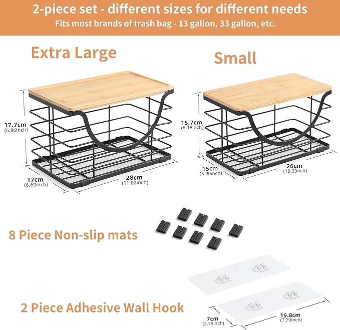 Extra Large Trash Bag Holder Under Sink 2 Pack Stackable Kitchen Storage with Bamboo Lid, Garbage Bag Dispenser Roll Holder, Pantry Organizers Wall Mounted Laundry Room Organization Storage-NeatNest