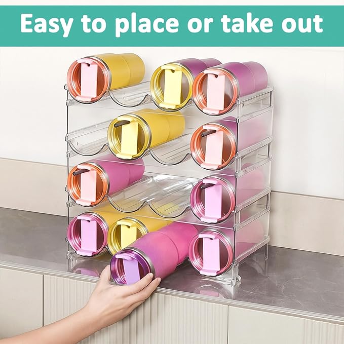 INKLET 4-Pack Clear Stackable Water Bottle Organizer Rack – 4 Tier Large Compartment Storage for Stanley, Cup Organizer Tumblers – Kitchen Cabinet & Pantry Organizer – Holds 16 Bottles-NeatNest