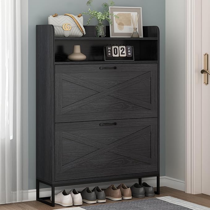 Shoe Cabinet, Freestanding Tipping Bucket Shoe Storage Cabinet with 2 Flip Drawers, Entryway Shoe Rack with Storage Top Cubby, Narrow Slim Hidden Shoe Organizer with Doors (Black)-NeatNest