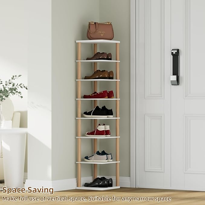 8-Tier Tall Shoe Rack, Narrow Wooden Shoe Organizer for Entryway, Closet, Dorm, Small Spaces, Freestanding Vertical Shoe Shelf for Sneakers, Boots & Heels-NeatNest