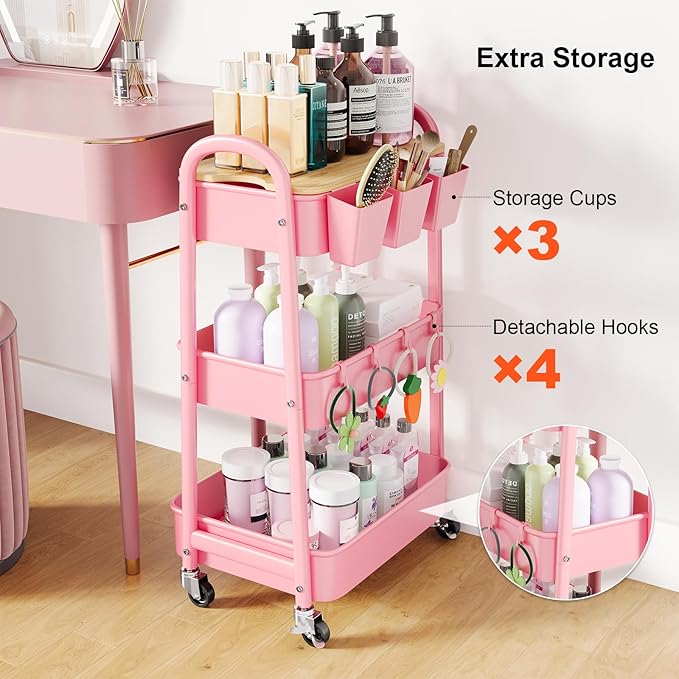 3 Tier Rolling Cart Metal with Wheels & Table Top, Pink Utility Cart with Cups and Hooks, Three Tiered Craft Cart Organizer on Wheels, Storage Carts for Salon, Lash, Hair, Nail, Makeup, Diaper, Book